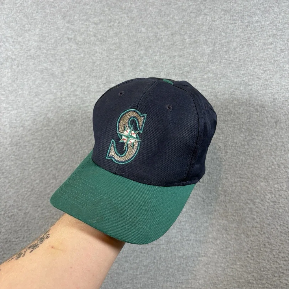 Vintage 90s Seattle Mariners Logo 7 Snapback Hat MLB Baseball Cap Two Tone Green